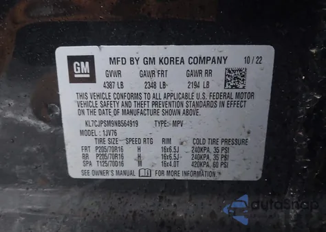 2022 Chevrolet Trax Awd Lt z USA, uszkodzony, nr VIN KL7CJPSM9NB564919